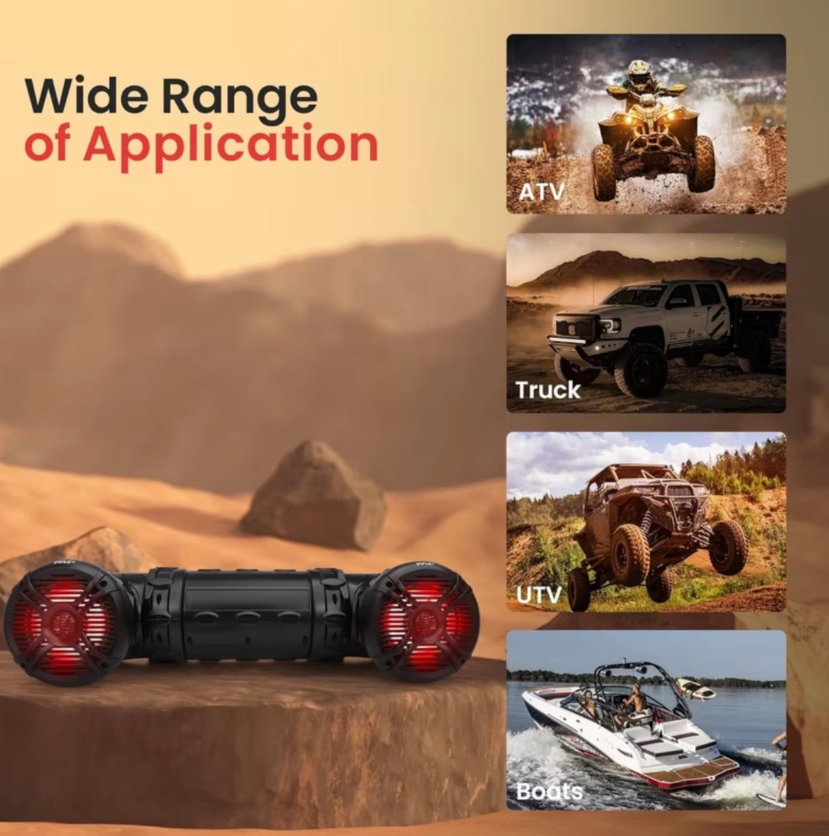 Marine ATV Powered Speakers with Dual 2-Way Audio, Wireless Bluetooth 4.0, Built-in Color Changing LED Lights, Weather-Resistant IP44 Housing, Rugged Off-Road Audio System for ATVs, UTVs, Golf Carts, Jetskis, Snowmobiles, Includes In-Line Volume