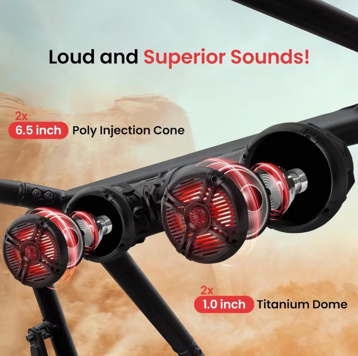 Marine ATV Powered Speakers with Dual 2-Way Audio, Wireless Bluetooth 4.0, Built-in Color Changing LED Lights, Weather-Resistant IP44 Housing, Rugged Off-Road Audio System for ATVs, UTVs, Golf Carts, Jetskis, Snowmobiles, Includes In-Line Volume
