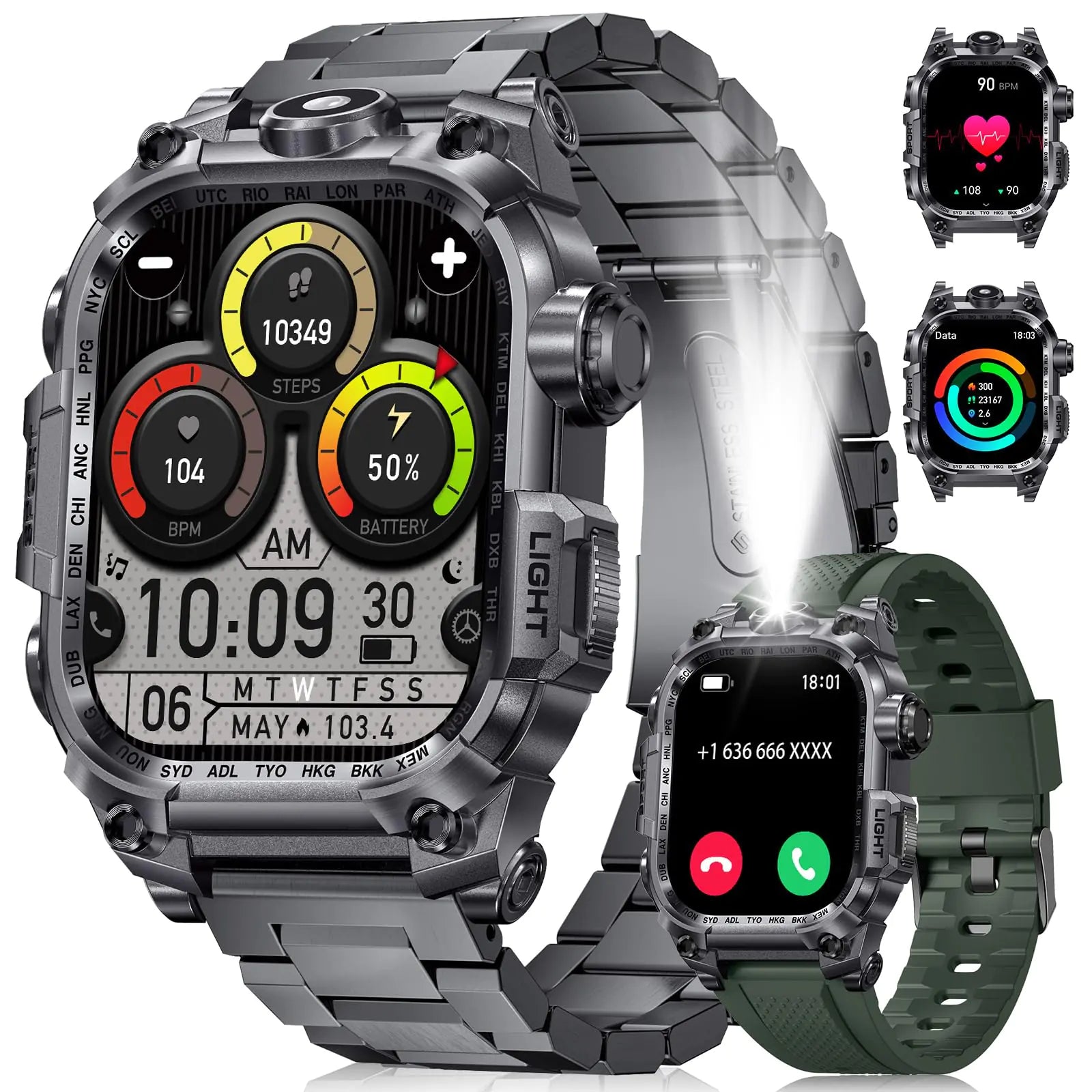 LIGE Military Smart Watch for Men(LED Flashlight) 2.01" Rugged Smartwatch 100+ Sports Fitness Tracker Watch 700mAh Long Battery/Bluetooth Call/Sleep/IP68 Smart Watch for Android iPhone Compatible