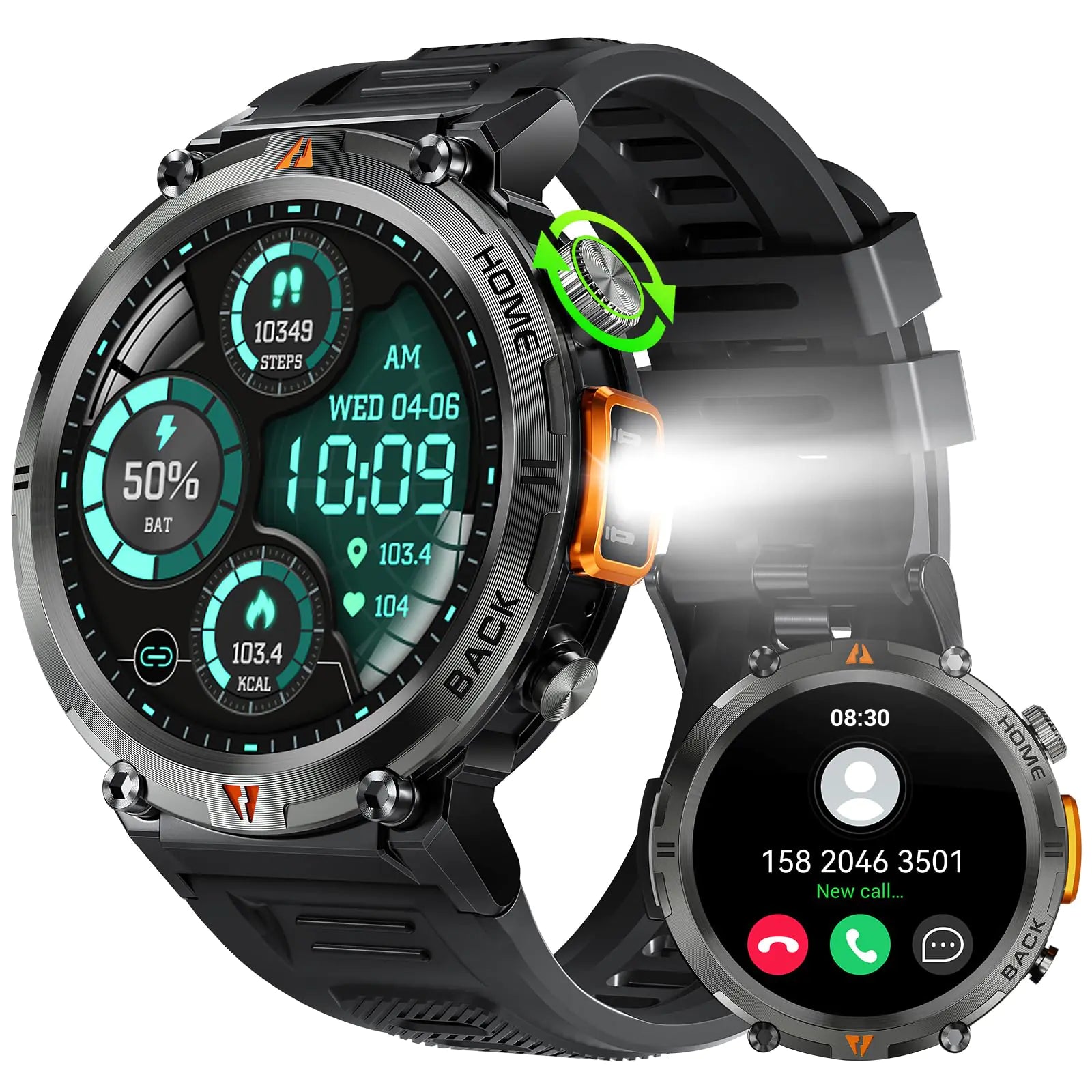 Military Smart Watch for Men (Call Receive/Dial) with LED Flashlight 1.45" HD Outdoor Tactical Rugged Smartwatch Sports Fitness Tracker Watch with Heart Rate Sleep Monitor for iPhone Android Phone