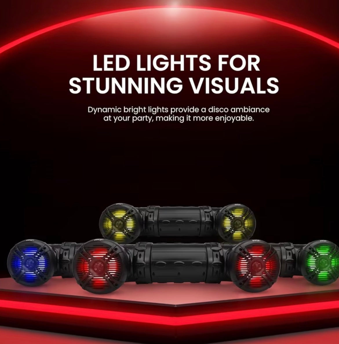 Marine ATV Powered Speakers with Dual 2-Way Audio, Wireless Bluetooth 4.0, Built-in Color Changing LED Lights, Weather-Resistant IP44 Housing, Rugged Off-Road Audio System for ATVs, UTVs, Golf Carts, Jetskis, Snowmobiles, Includes In-Line Volume