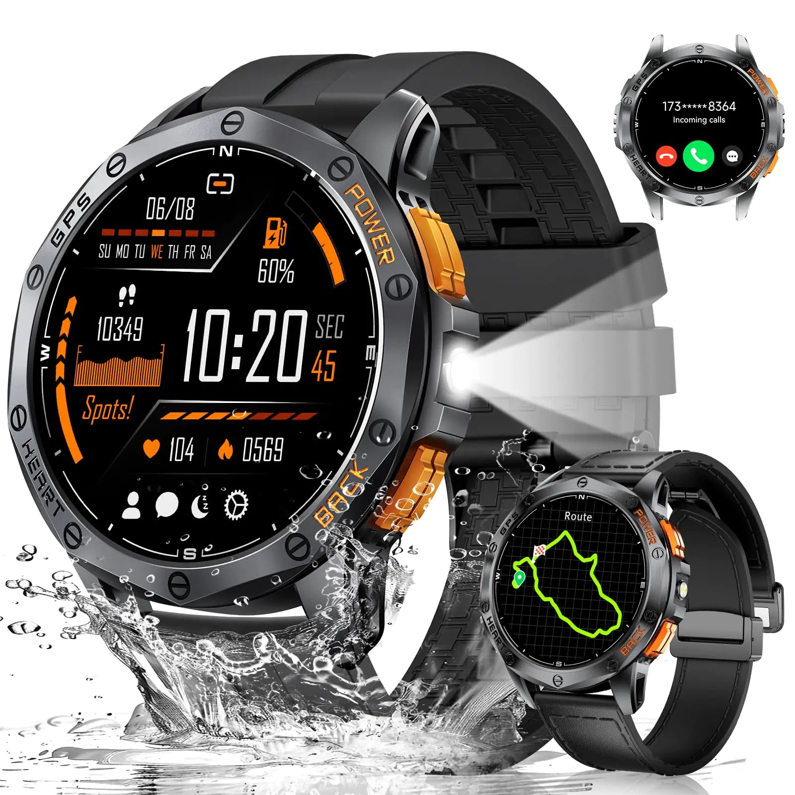 LIGE GPS Military Smart Watch for Men LED Flashlight/Compass/45 Days Battery/IP68 Waterproof 1.43 AMOLED Smartwatch 100+ Sports Modes Fitness Tracker Rugged Smart Watches for Android iOS