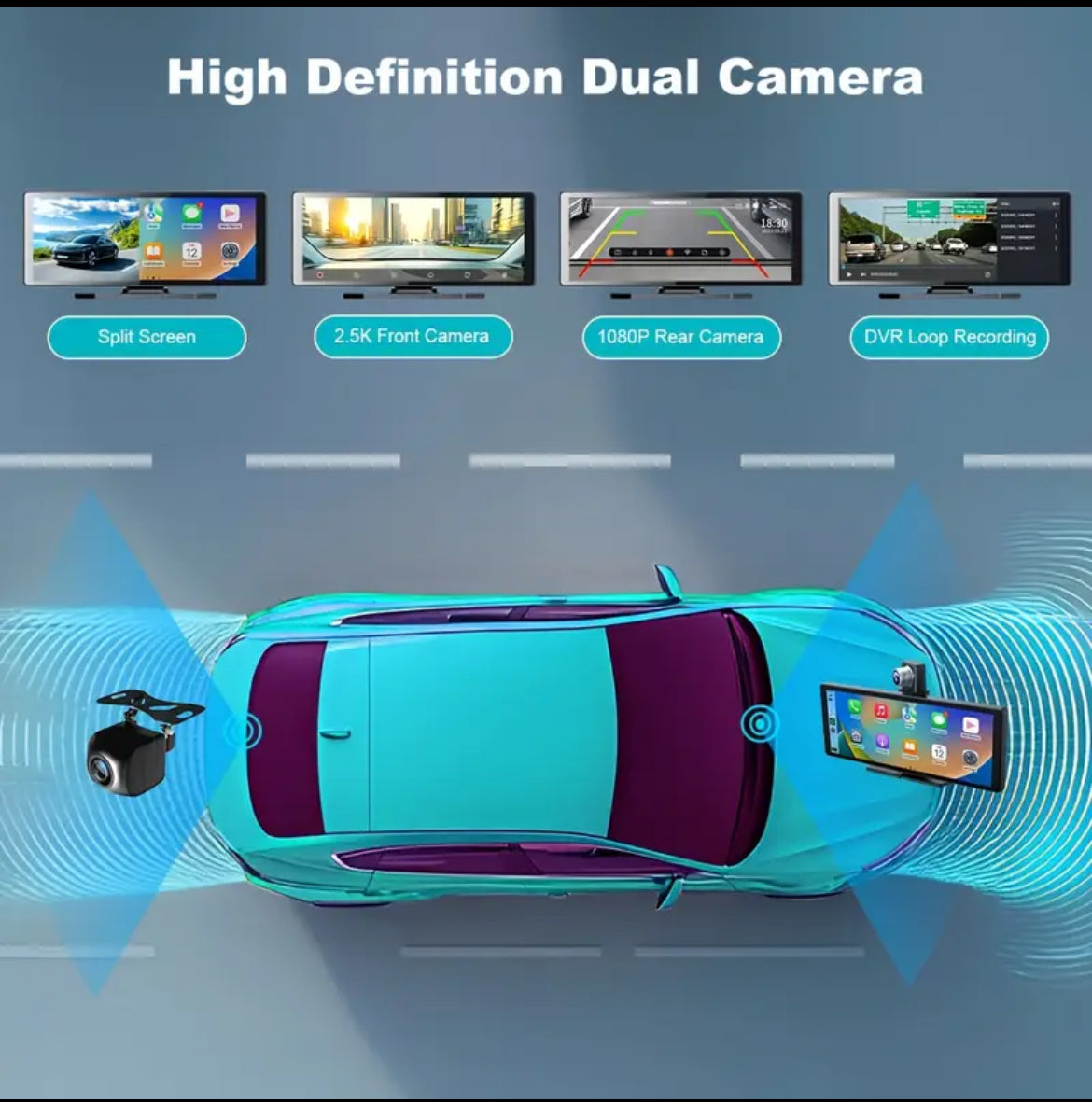 10.26" HD Wireless Car Stereo For Carplay & Android Auto, Portable Touch Screen For Car, 4K Dash Cam, with 1080P Backup Camera,