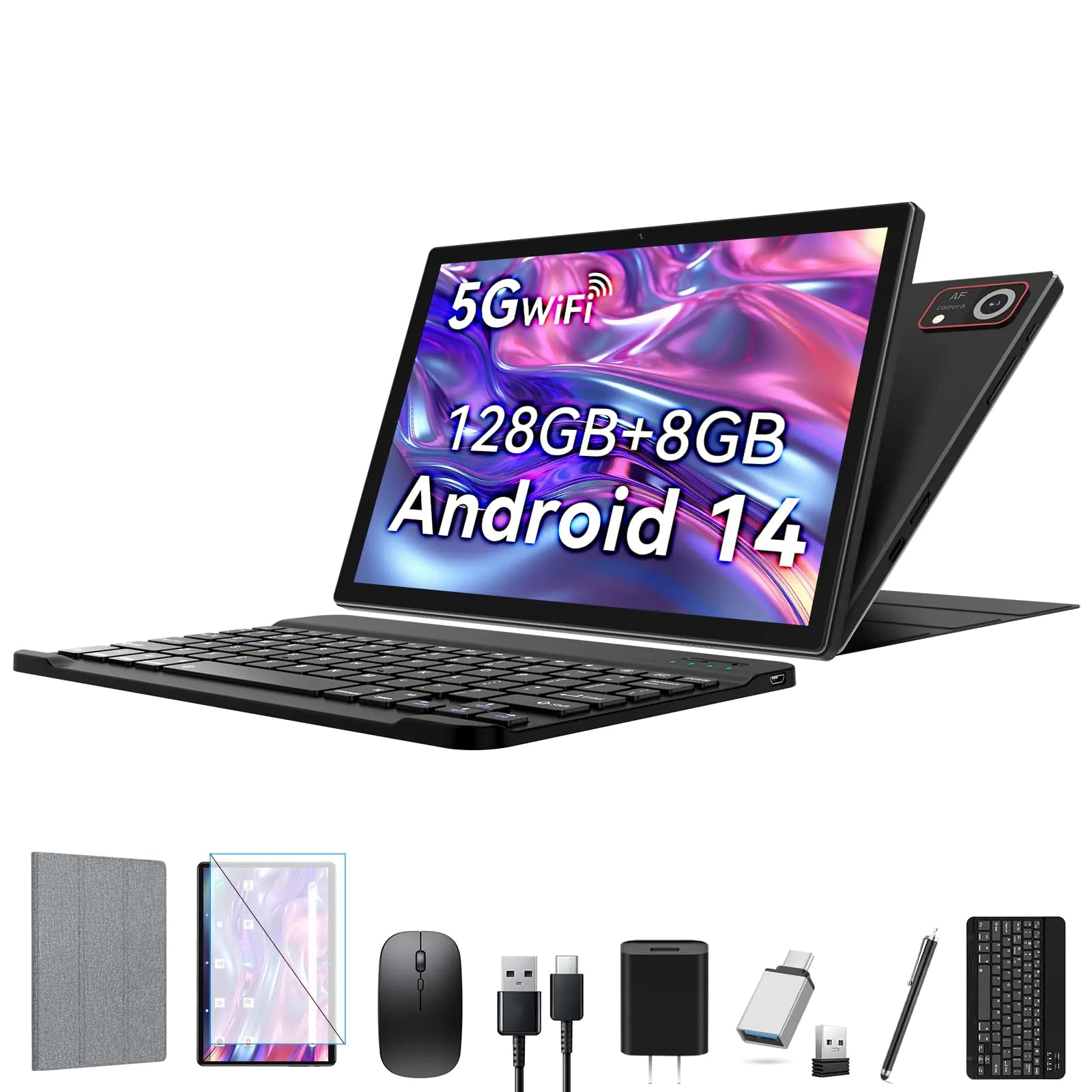 Newest 2025 Android 14 Tablet with Keyboard 8(4+4)GB+128GB+1TB Expand 10.1 Inch Octa-Core 2-in-1 Tablets with HD IPS Display 5G WiFi|  6000 mAh Battery Split Screen Face Unlock Mouse Case GPS