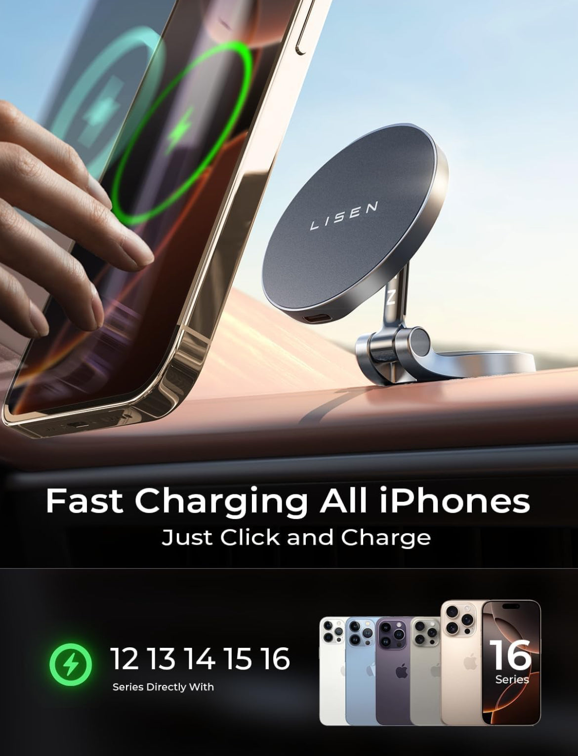 LISEN for Magsafe Car Mount Charger Dashboard Qi2 Certified 15W Magsafe Car Charger Foldable Ultra Magnetic Wireless Car Charger Car Phone Charger Mount for iPhone 16 Pro Max 15 14 13 with Charger