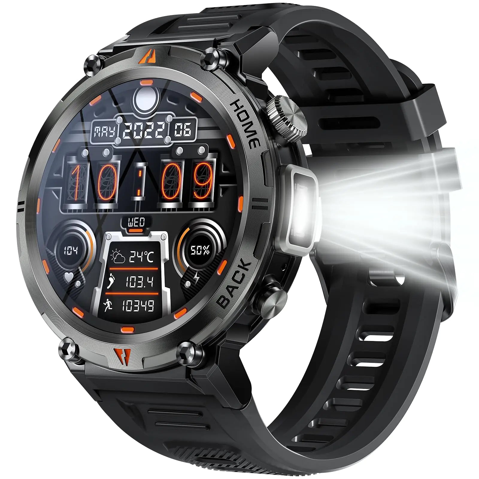 EIGIIS Military Smart Watch for Men Tactical Rugged with Bluetooth Call Flashlight 1.45 Big Screen Fitness Tracker Heart Rate Sleep Monitor Waterproof Sports Smartwatch iPhone Android Black